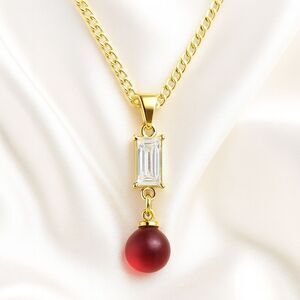 Gold Crystal Drop Pendant Necklace with Clear Gemstone & Red Orb Charm - Jewelry